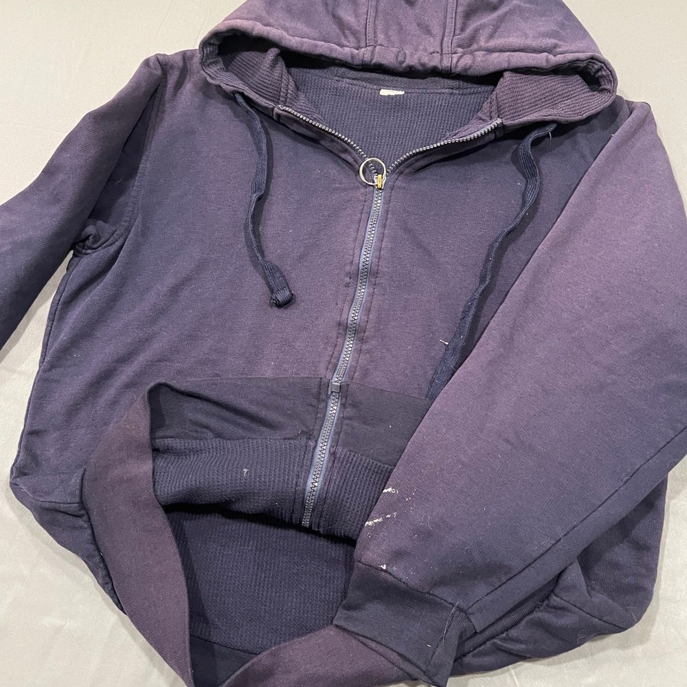 Vintage Sun Faded Navy Blue Waffle Lined Zip Up Hoodie Distressed Boxy L